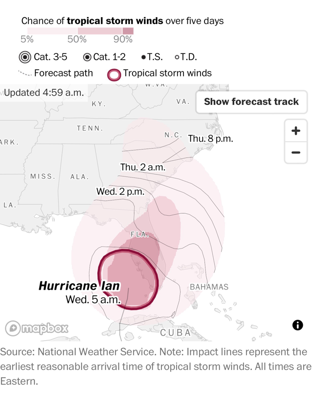 A Map of the tropical storm winds and the expected arrival time of the hurricane to the west coast of Florida. 