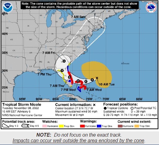 The map of the path of Tropical Storm Nicole. The map shows when the storm is expected to hit Florida early Thursday morning.